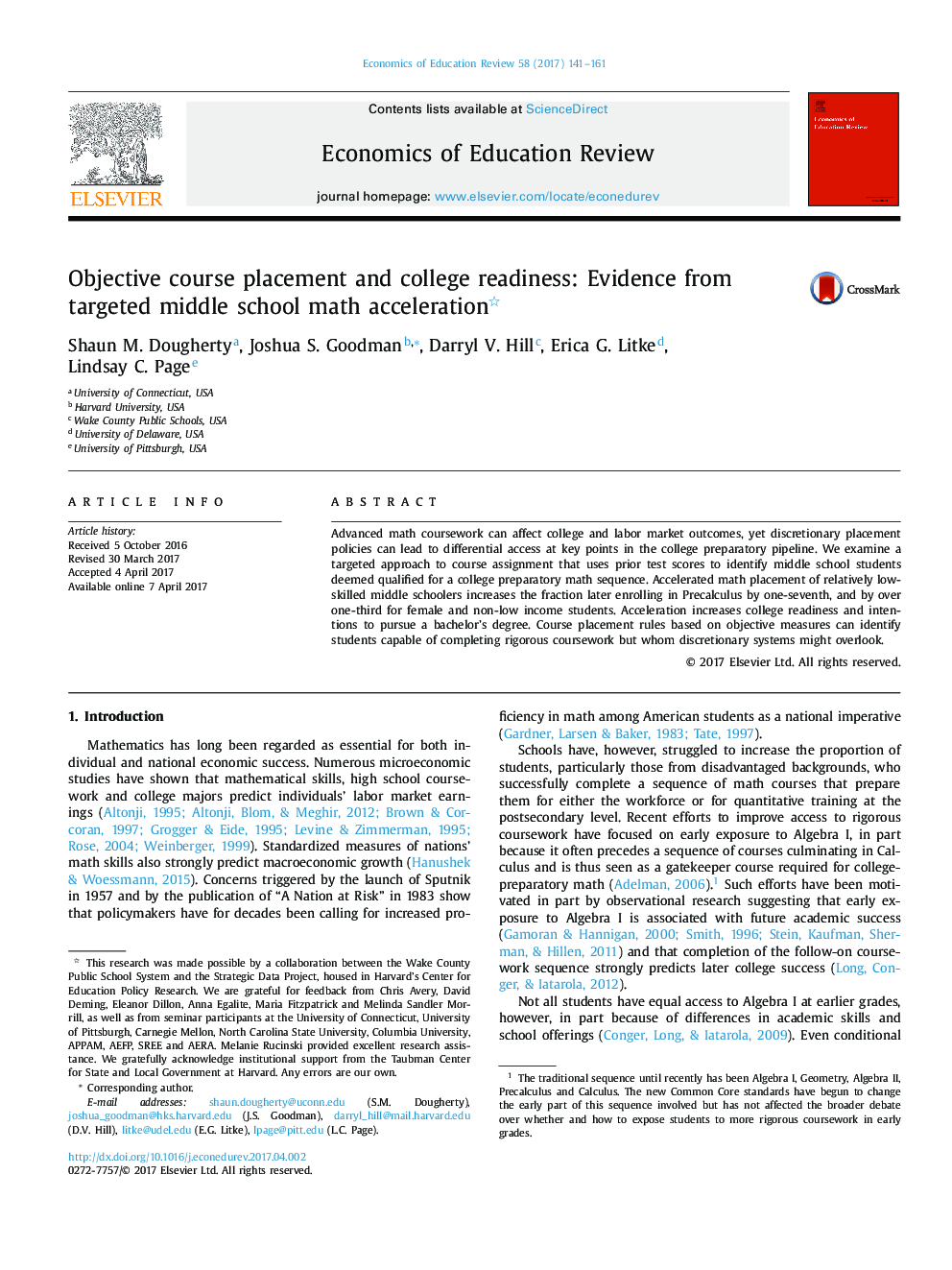 Objective course placement and college readiness: Evidence from targeted middle school math acceleration