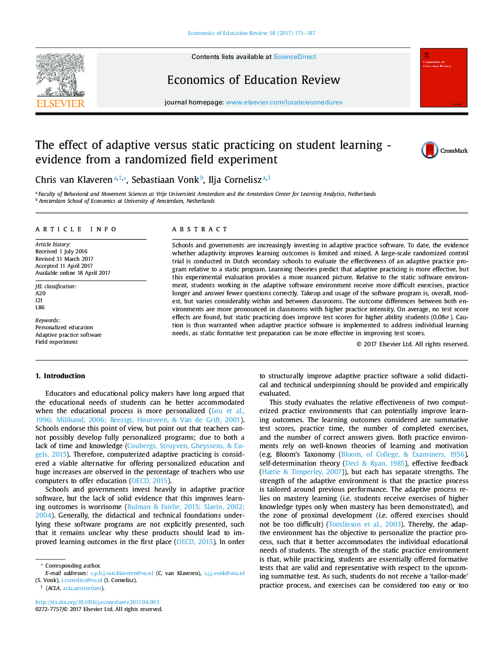 The effect of adaptive versus static practicing on student learning - evidence from a randomized field experiment