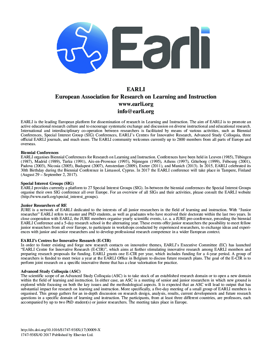 عکس صفحه اول مقاله: EARLI Info for Edurev and JLI EARLI Info for Edurev and JLI