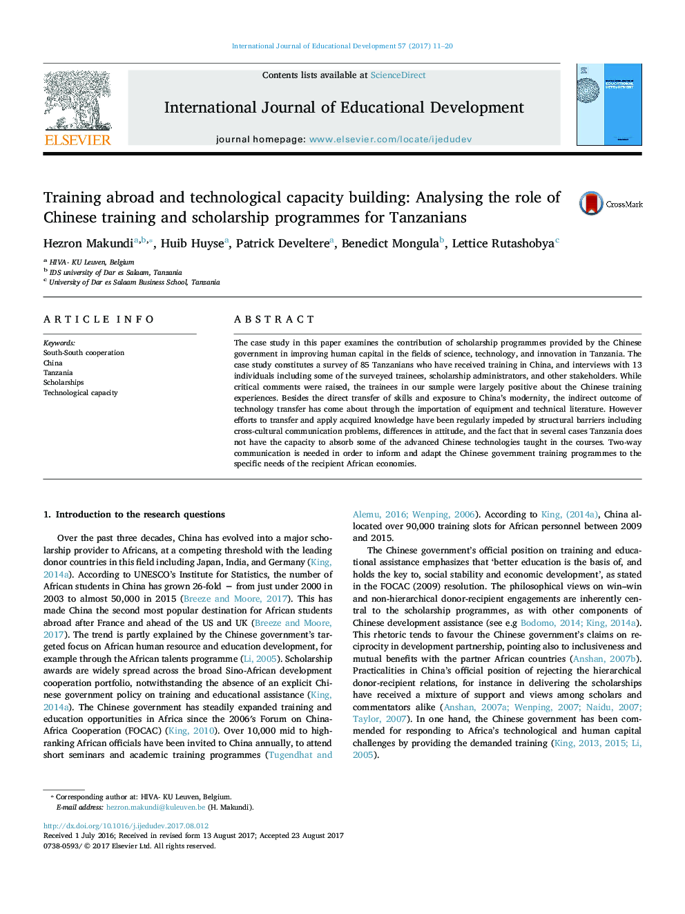 Training abroad and technological capacity building: Analysing the role of Chinese training and scholarship programmes for Tanzanians