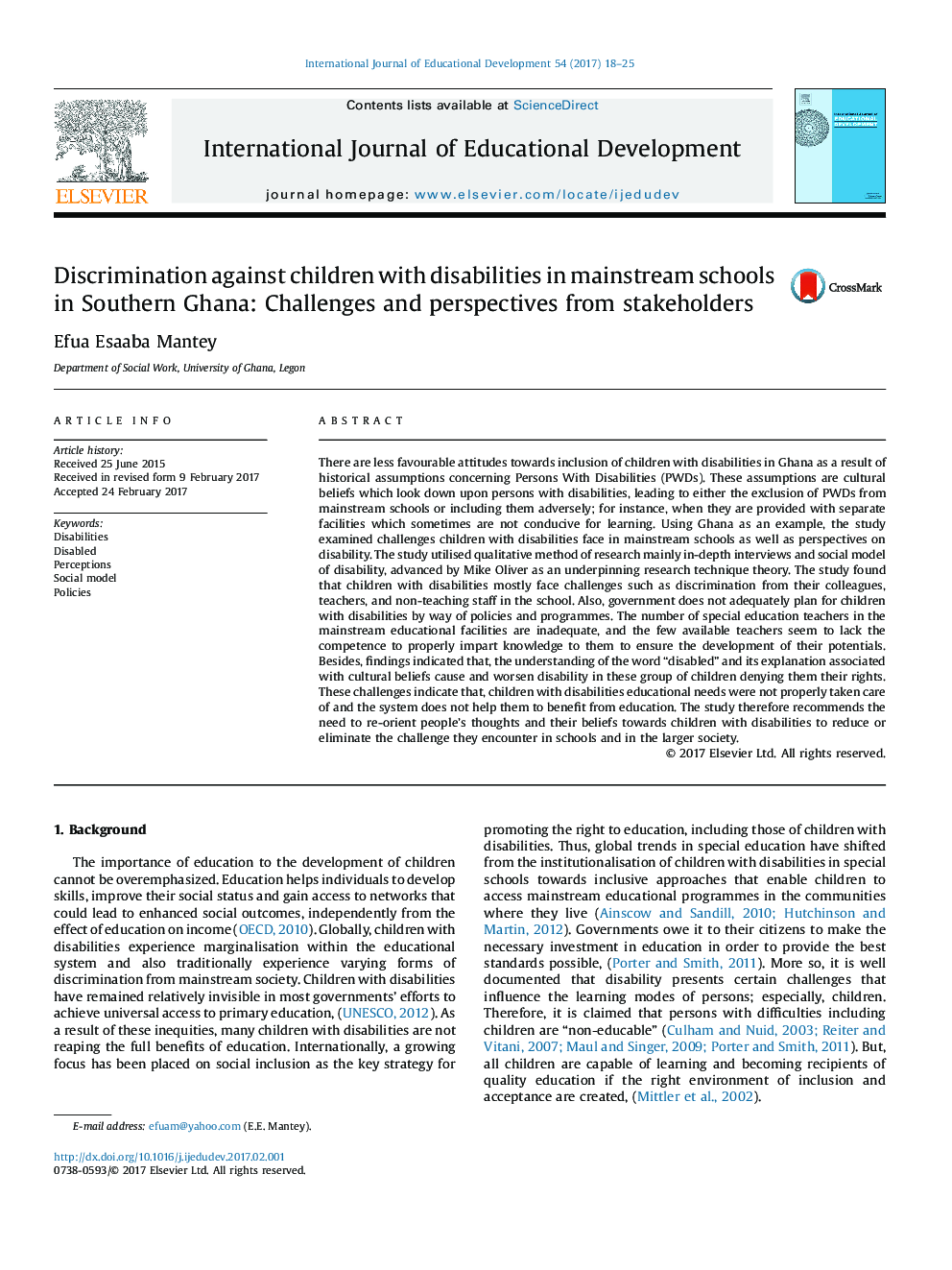 Discrimination against children with disabilities in mainstream schools in Southern Ghana: Challenges and perspectives from stakeholders