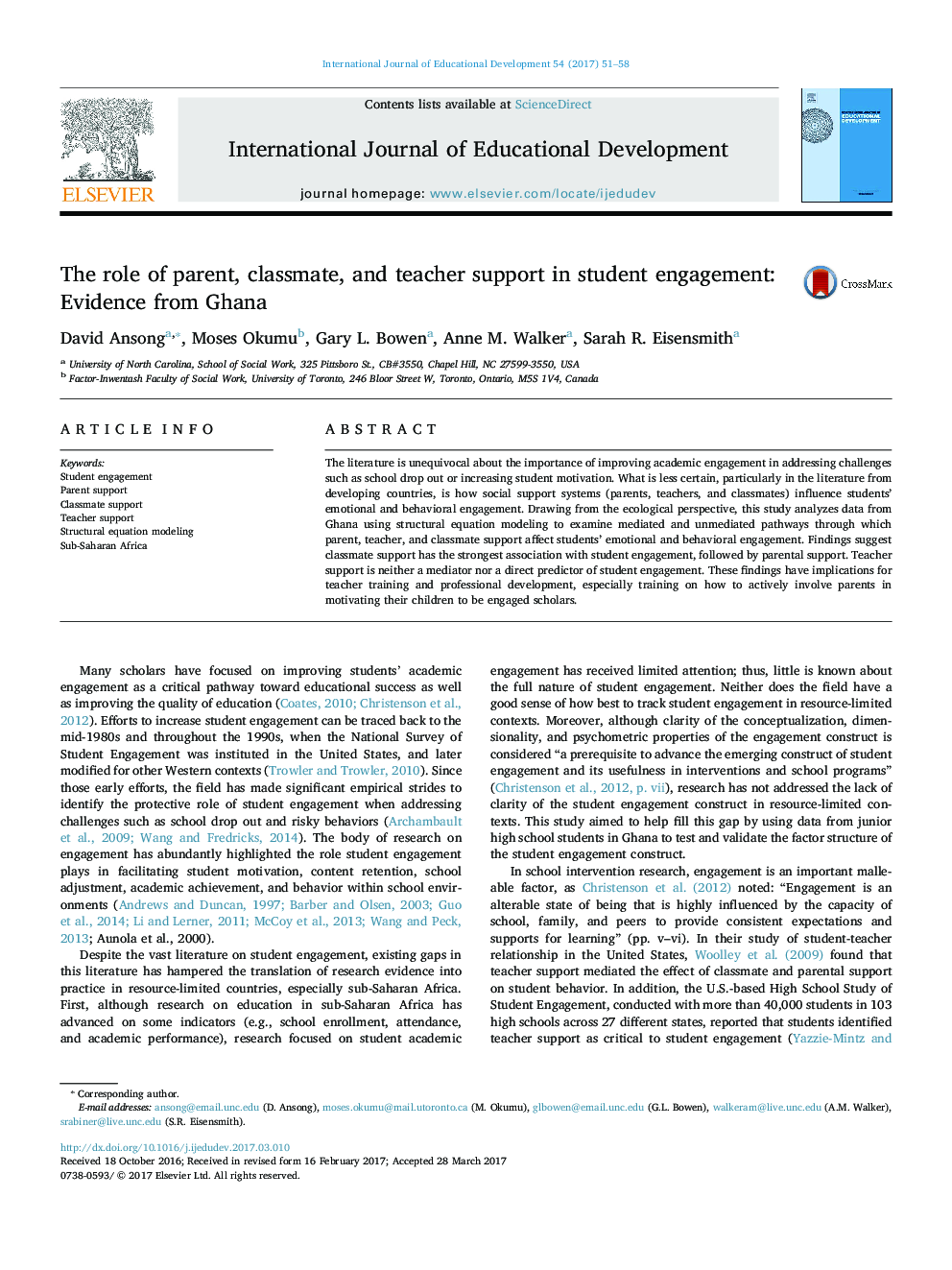 The role of parent, classmate, and teacher support in student engagement: Evidence from Ghana