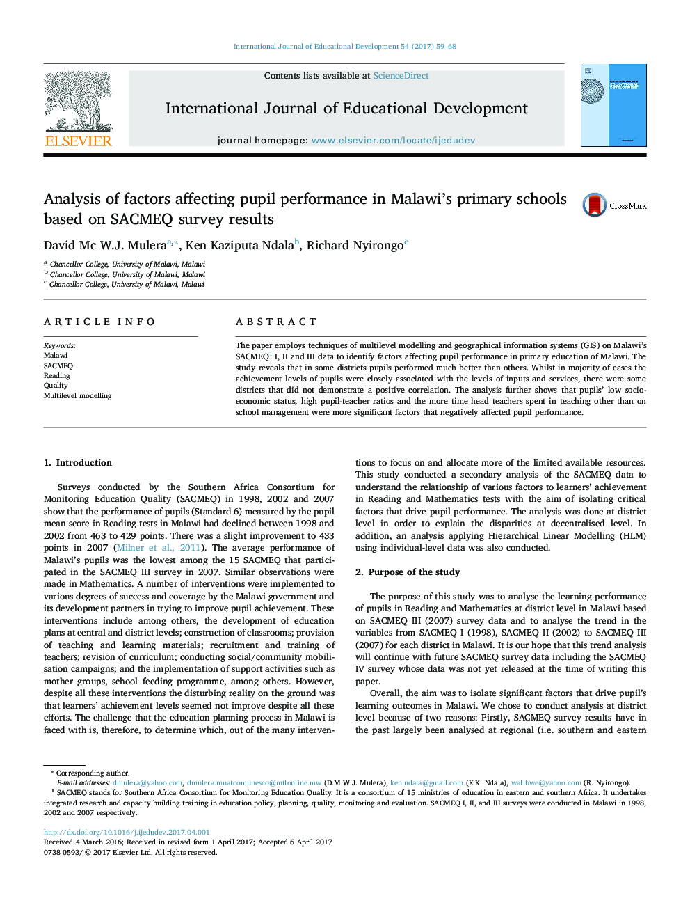 عکس صفحه اول مقاله: Analysis of factors affecting pupil performance in Malawi's primary schools based on SACMEQ survey results Analysis of factors affecting pupil performance in Malawi's primary schools based on SACMEQ survey results