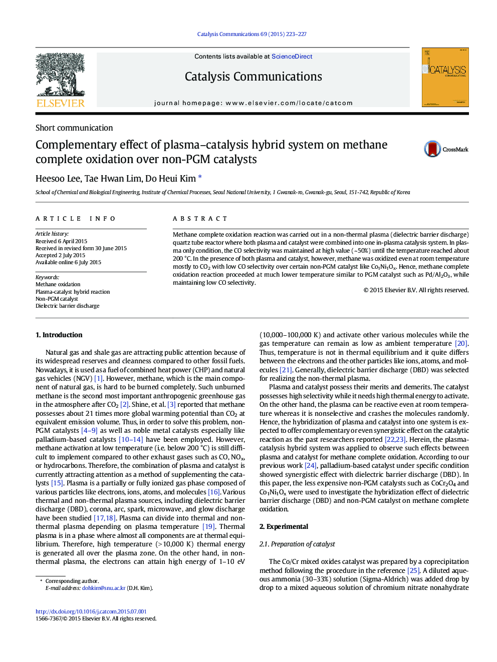 Complementary effect of plasma–catalysis hybrid system on methane complete oxidation over non-PGM catalysts