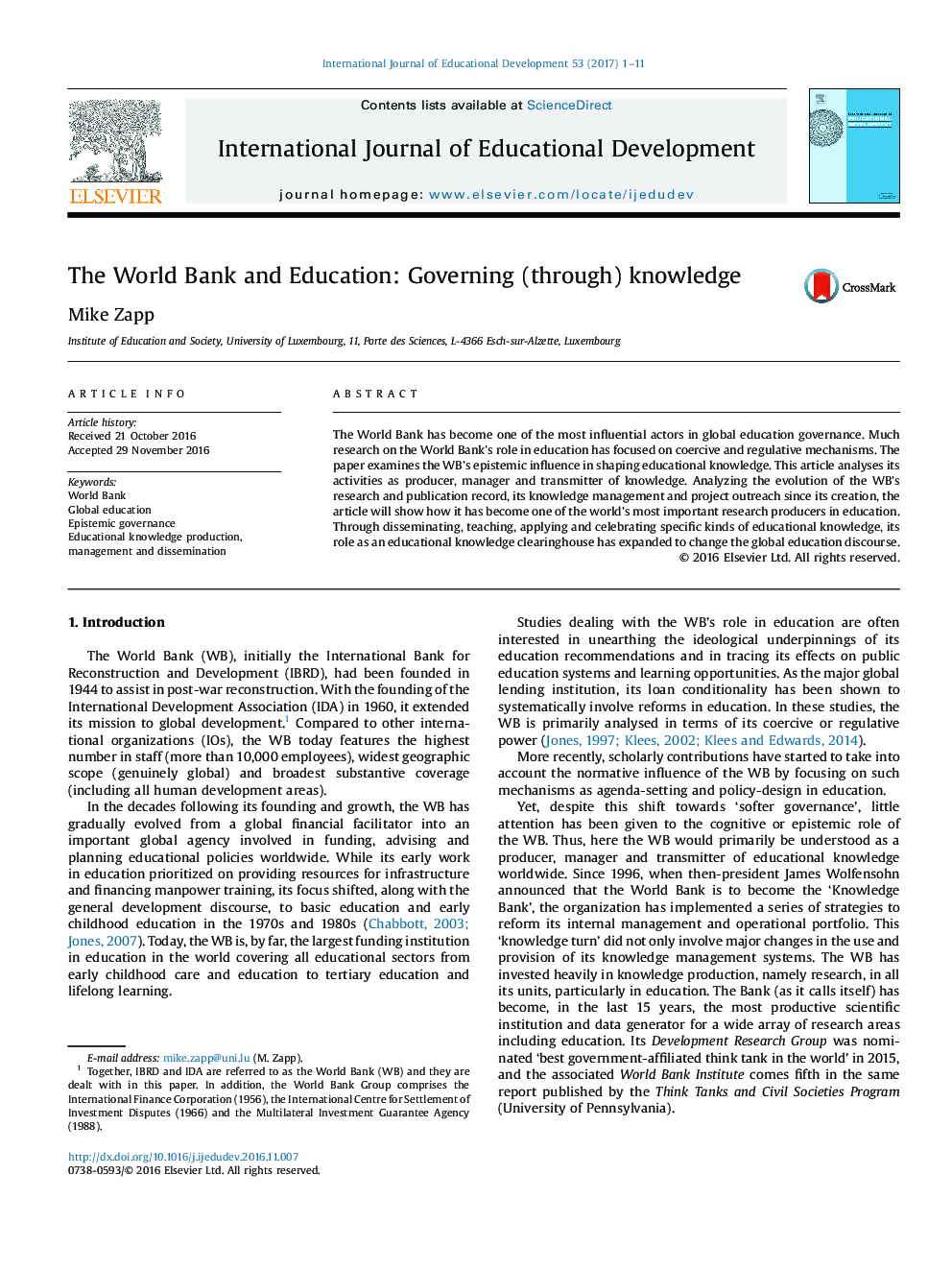 The World Bank and Education: Governing (through) knowledge