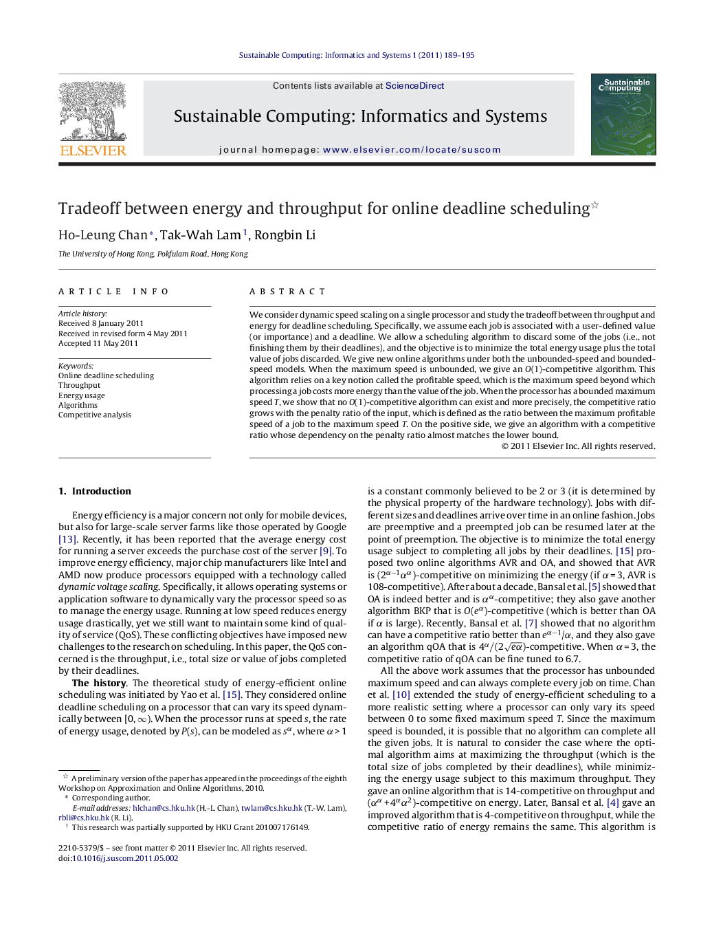 Tradeoff between energy and throughput for online deadline scheduling 