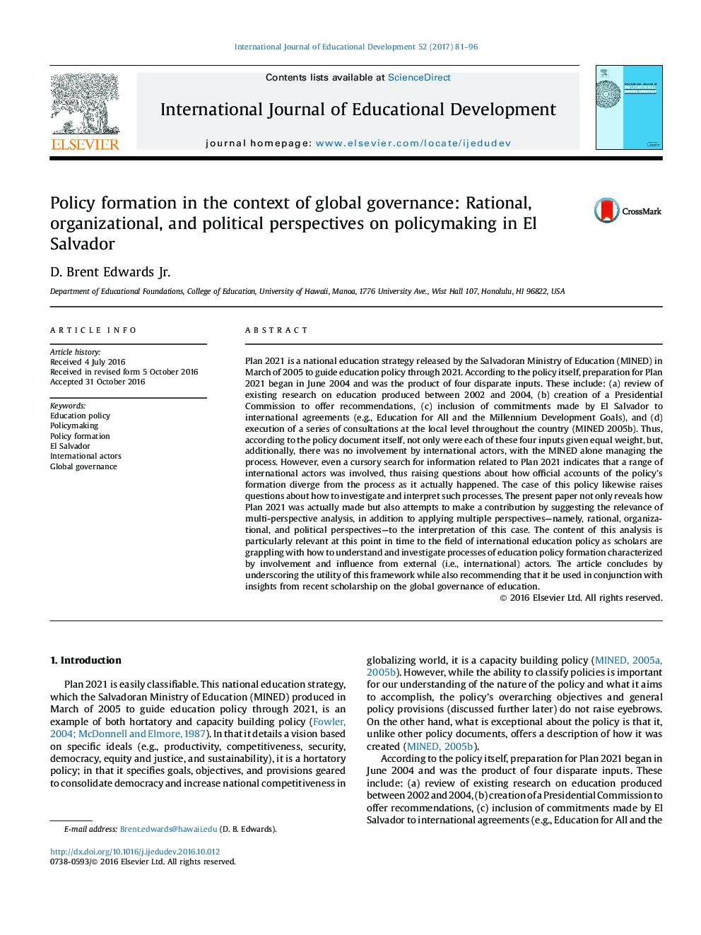 Policy formation in the context of global governance: Rational, organizational, and political perspectives on policymaking in El Salvador