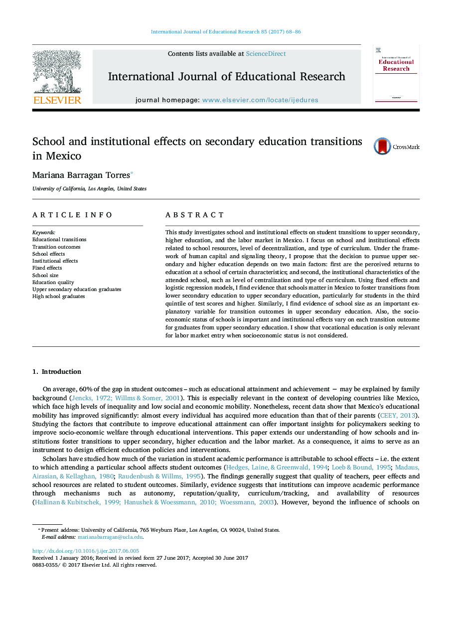 School and institutional effects on secondary education transitions in Mexico