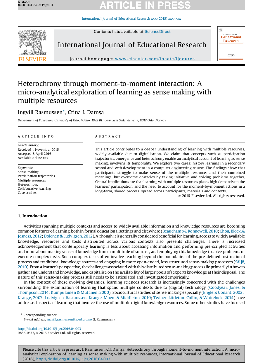 Heterochrony through moment-to-moment interaction: A micro-analytical exploration of learning as sense making with multiple resources