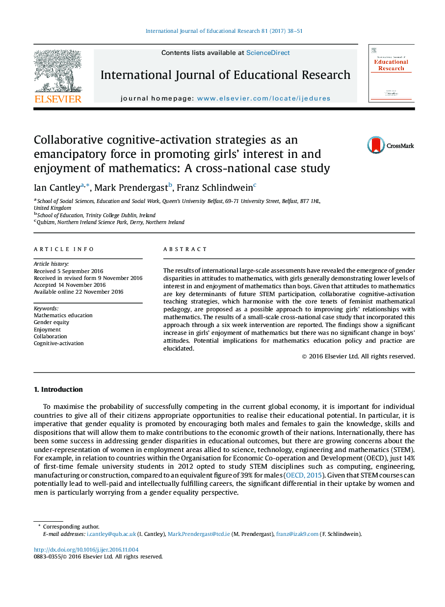Collaborative cognitive-activation strategies as an emancipatory force in promoting girls' interest in and enjoyment of mathematics: A cross-national case study