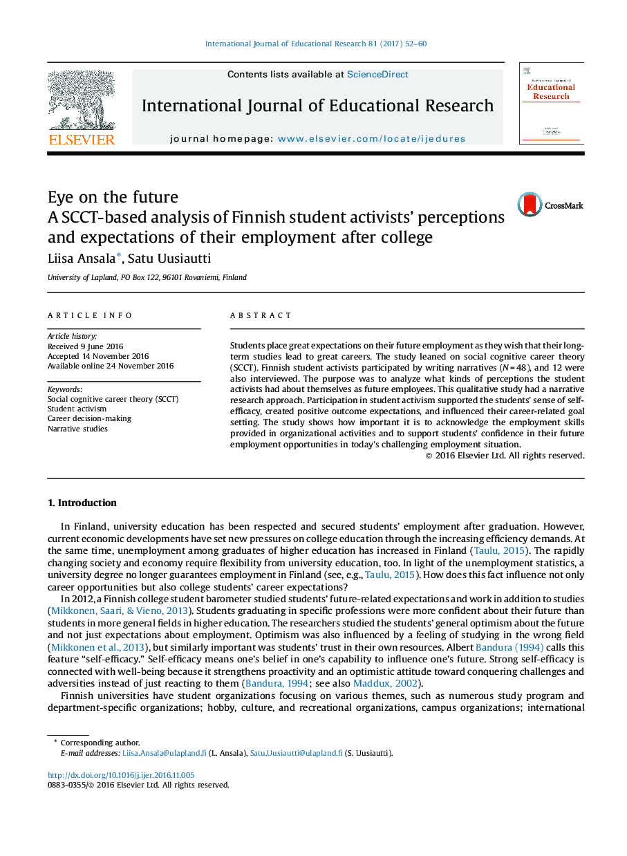 Eye on the future: A SCCT-based analysis of Finnish student activists' perceptions and expectations of their employment after college