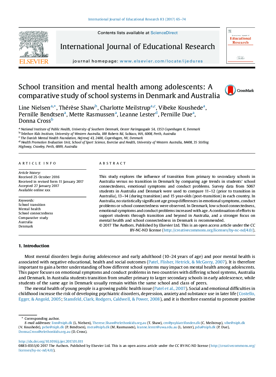 انتقال مدرسه و سلامت روان در میان نوجوانان: مطالعه مقایسه ای در سیستم های مدرسه در دانمارک و استرالیا 