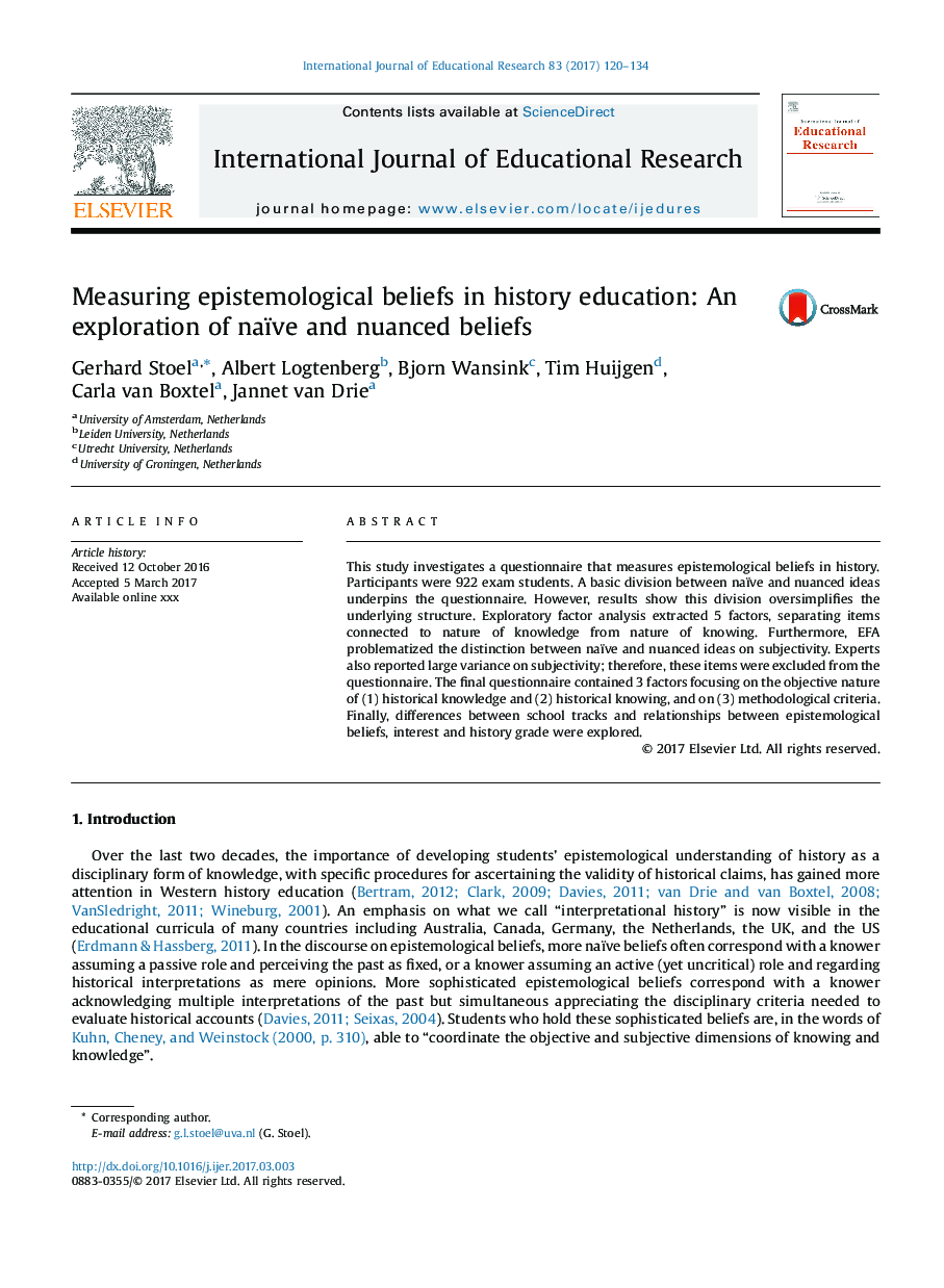 Measuring epistemological beliefs in history education: An exploration of naïve and nuanced beliefs