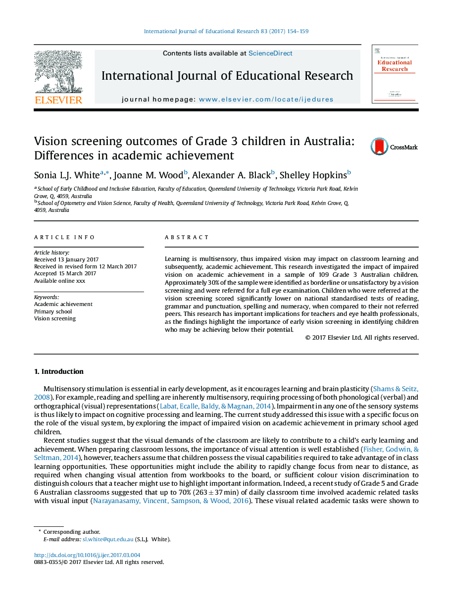 Vision screening outcomes of Grade 3 children in Australia: Differences in academic achievement