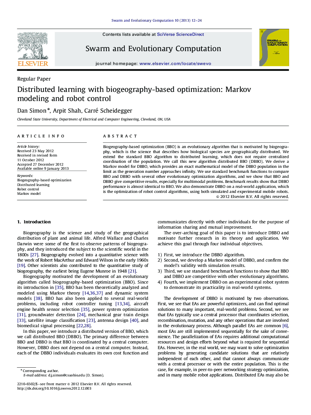 Distributed learning with biogeography-based optimization: Markov modeling and robot control