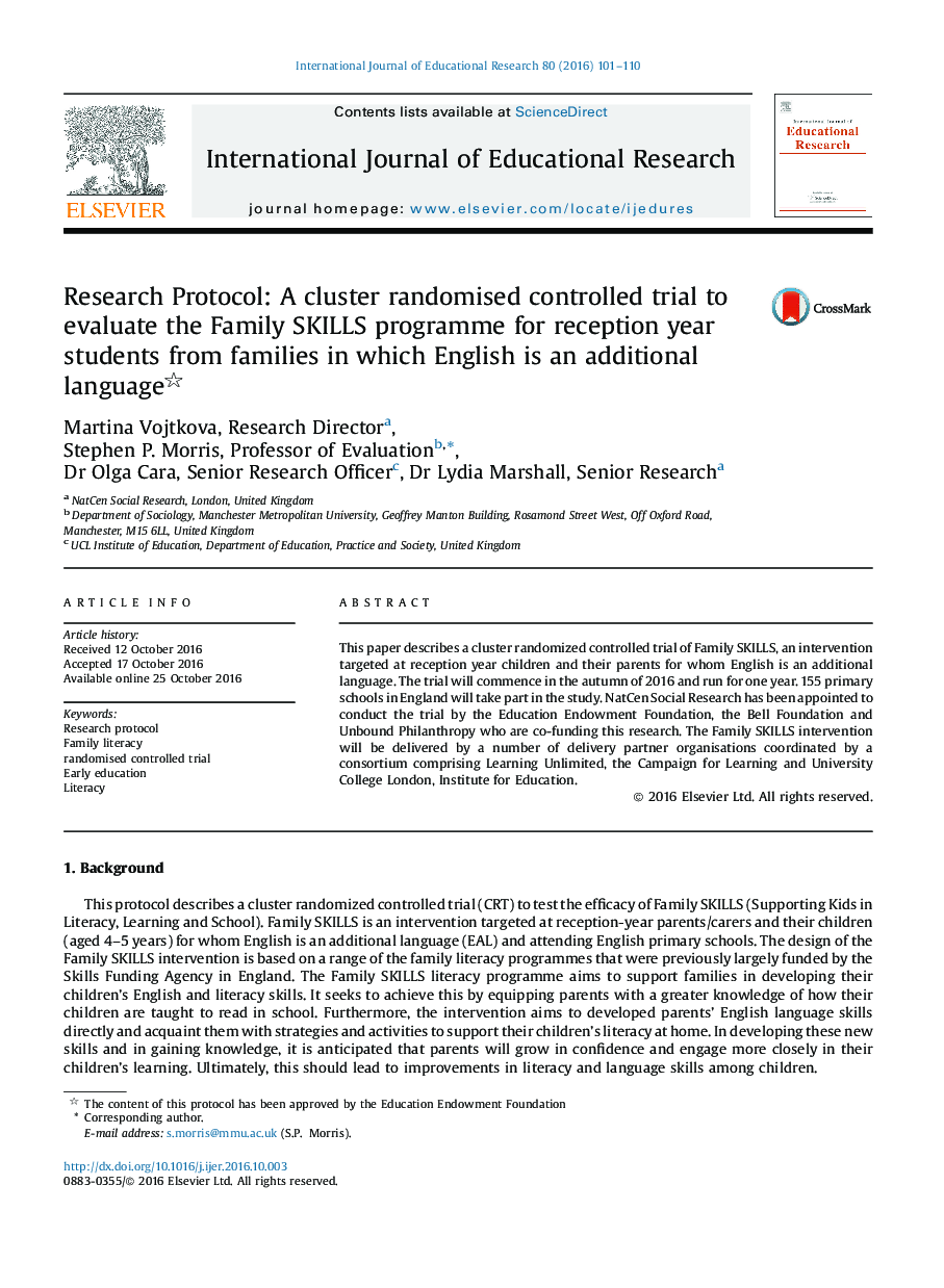 Research Protocol: A cluster randomised controlled trial to evaluate the Family SKILLS programme for reception year students from families in which English is an additional language