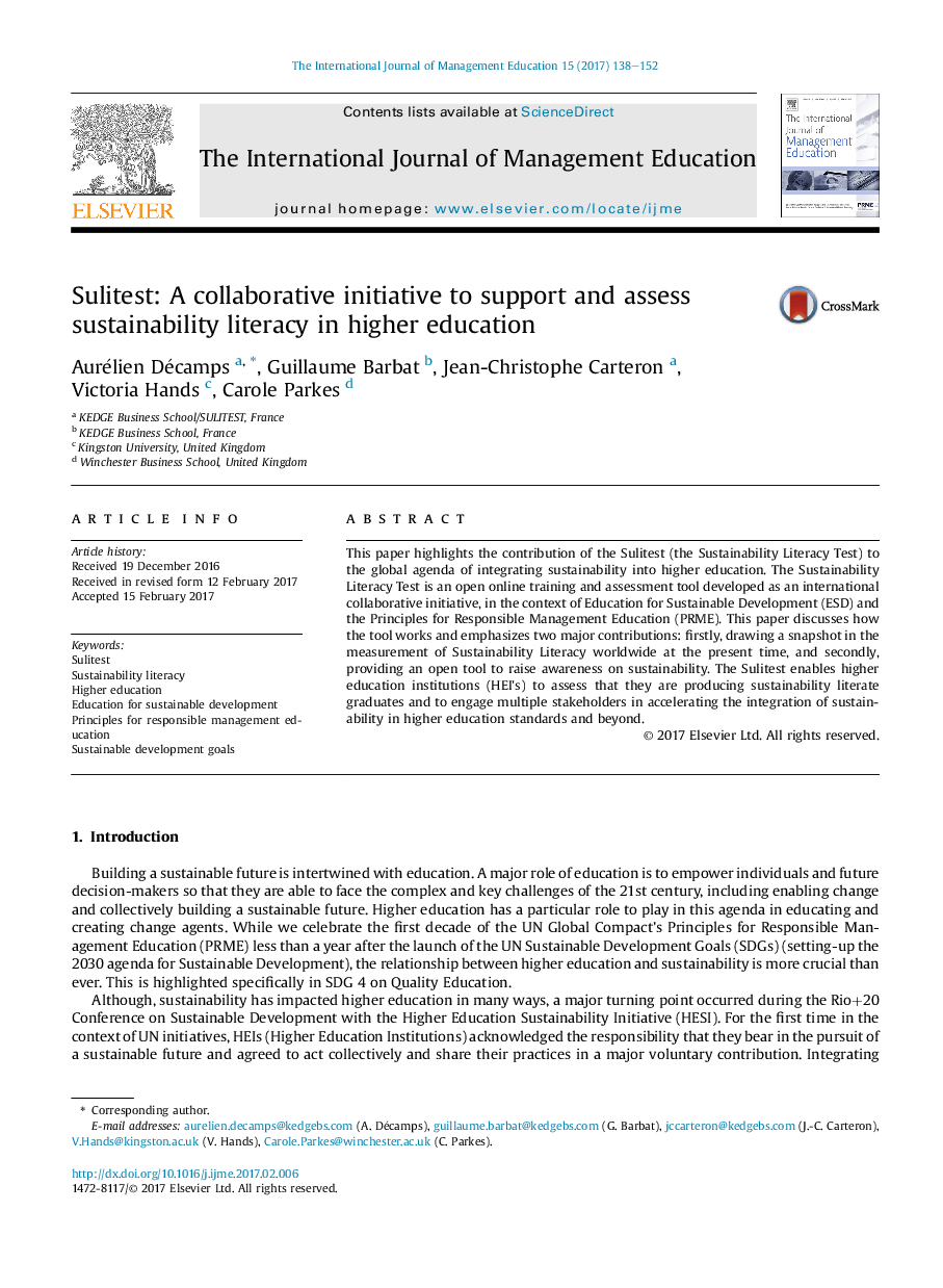 Sulitest: A collaborative initiative to support and assess sustainability literacy in higher education