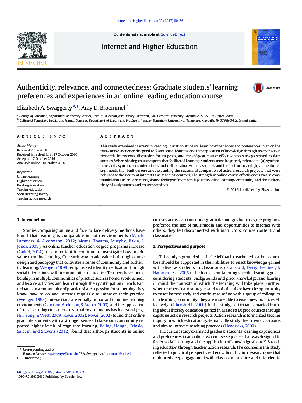 Authenticity, relevance, and connectedness: Graduate students' learning preferences and experiences in an online reading education course