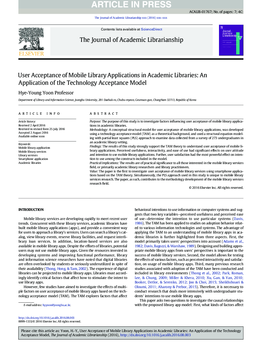 User Acceptance of Mobile Library Applications in Academic Libraries: An Application of the Technology Acceptance Model