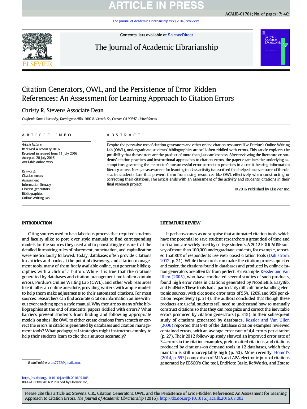 Citation Generators, OWL, and the Persistence of Error-Ridden References: An Assessment for Learning Approach to Citation Errors