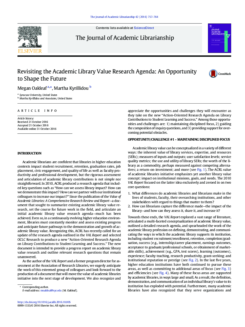 Revisiting the Academic Library Value Research Agenda: An Opportunity to Shape the Future