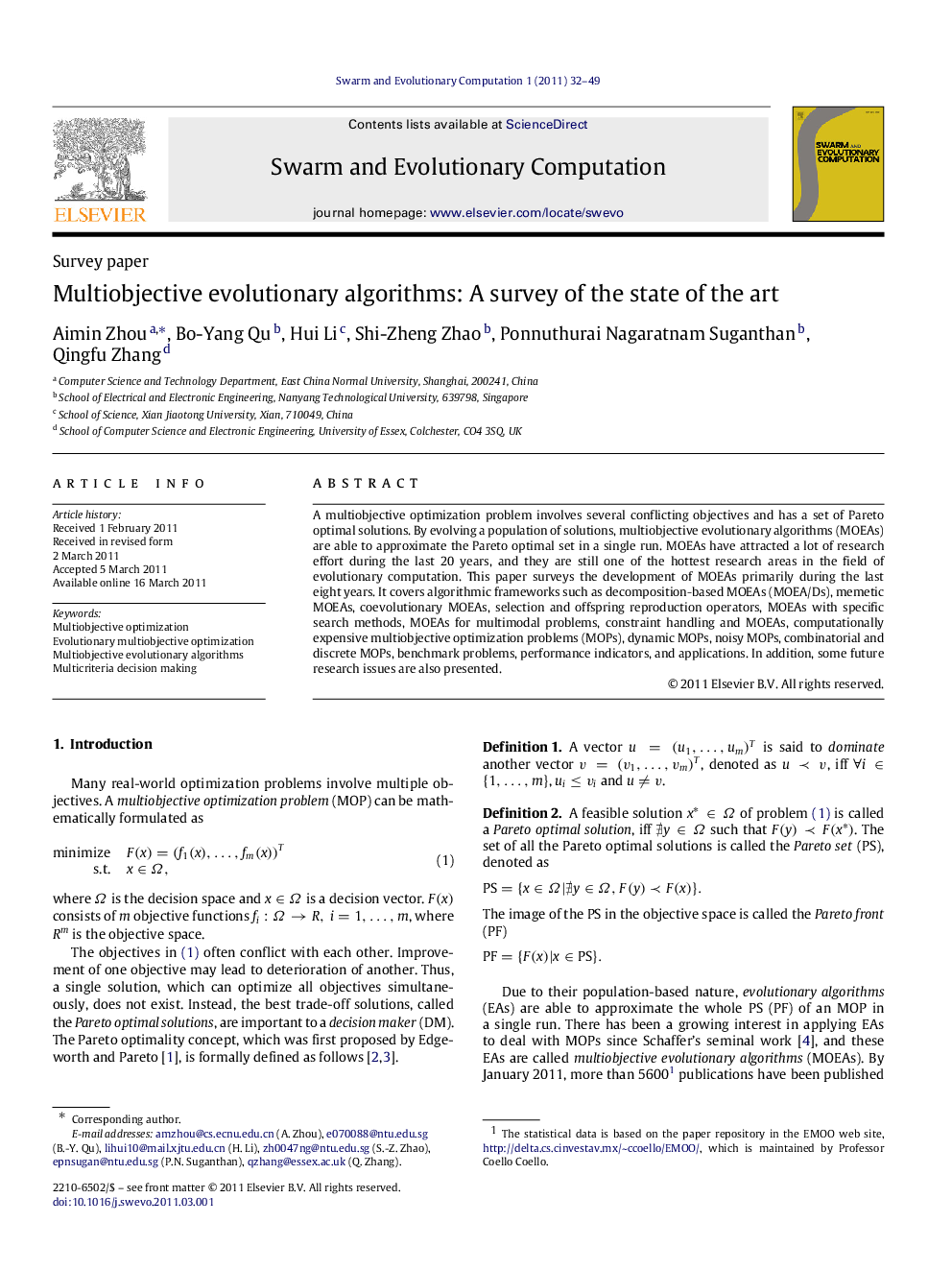 Multiobjective evolutionary algorithms: A survey of the state of the art