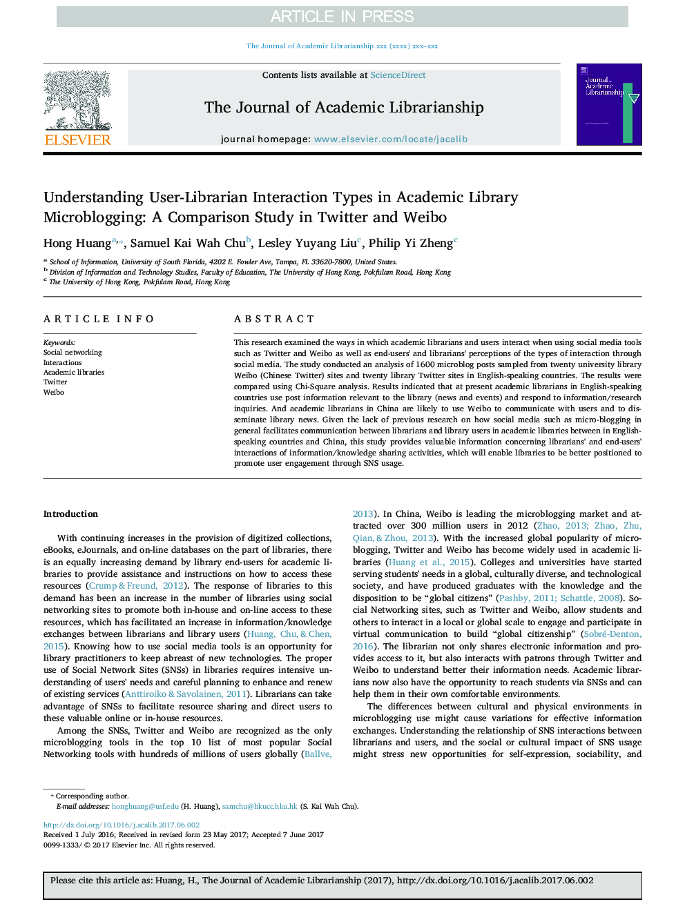 Understanding User-Librarian Interaction Types in Academic Library Microblogging: A Comparison Study in Twitter and Weibo