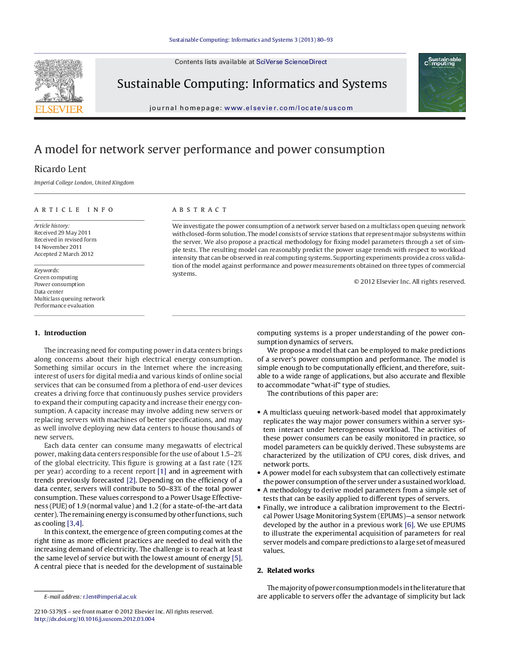 A model for network server performance and power consumption