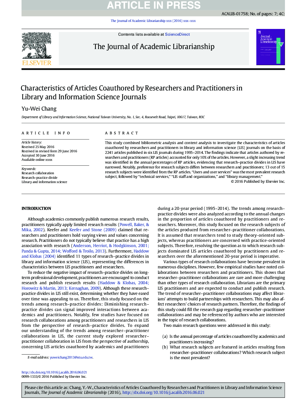 Characteristics of Articles Coauthored by Researchers and Practitioners in Library and Information Science Journals