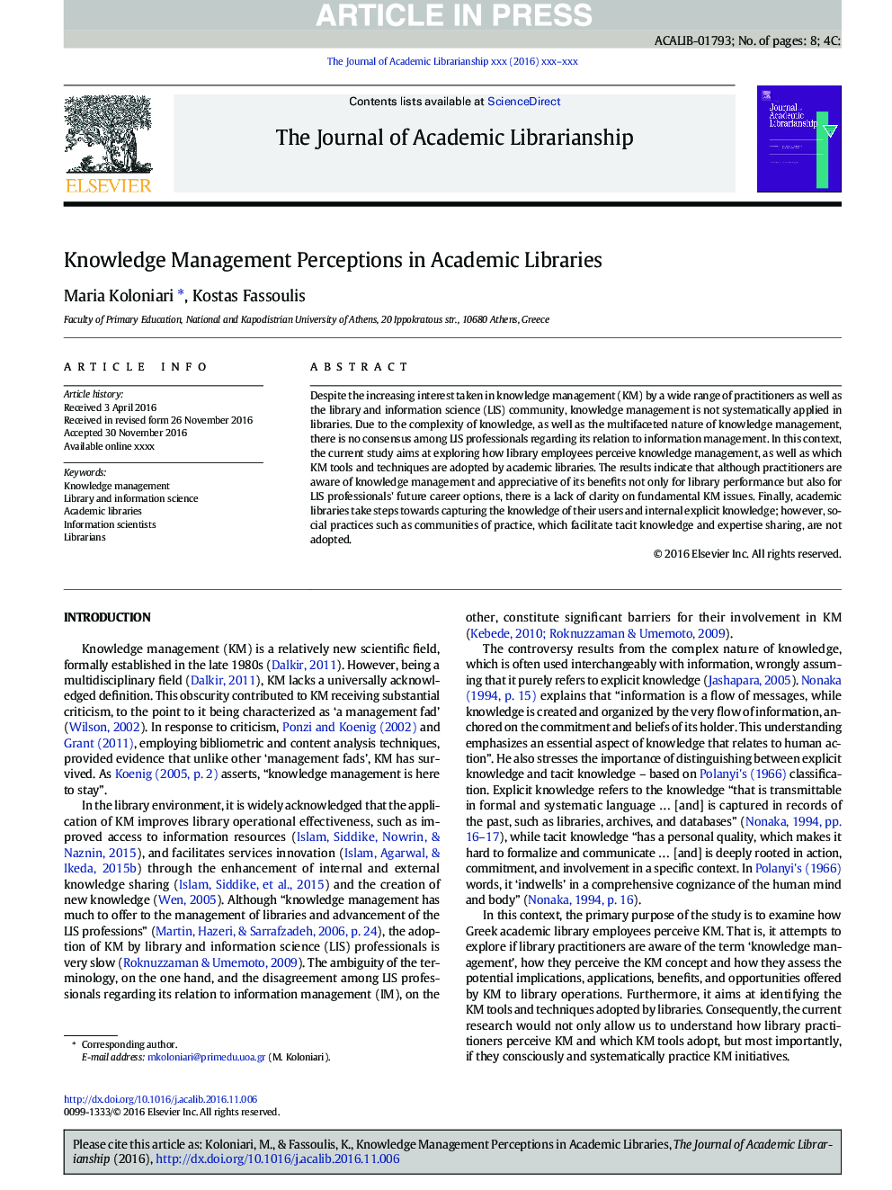 Knowledge Management Perceptions in Academic Libraries