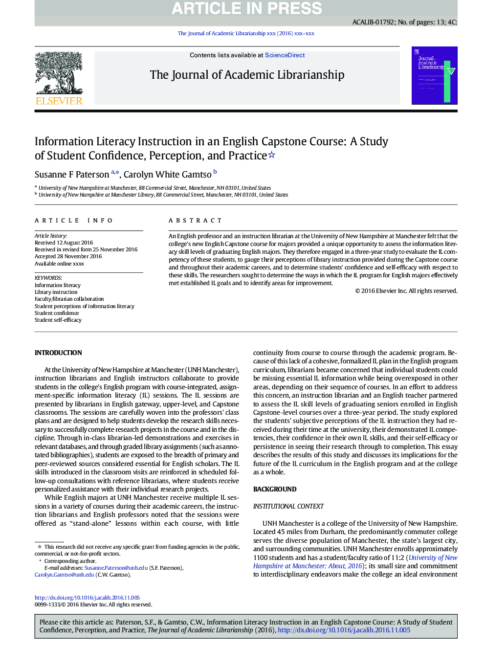 Information Literacy Instruction in an English Capstone Course: A Study of Student Confidence, Perception, and Practice