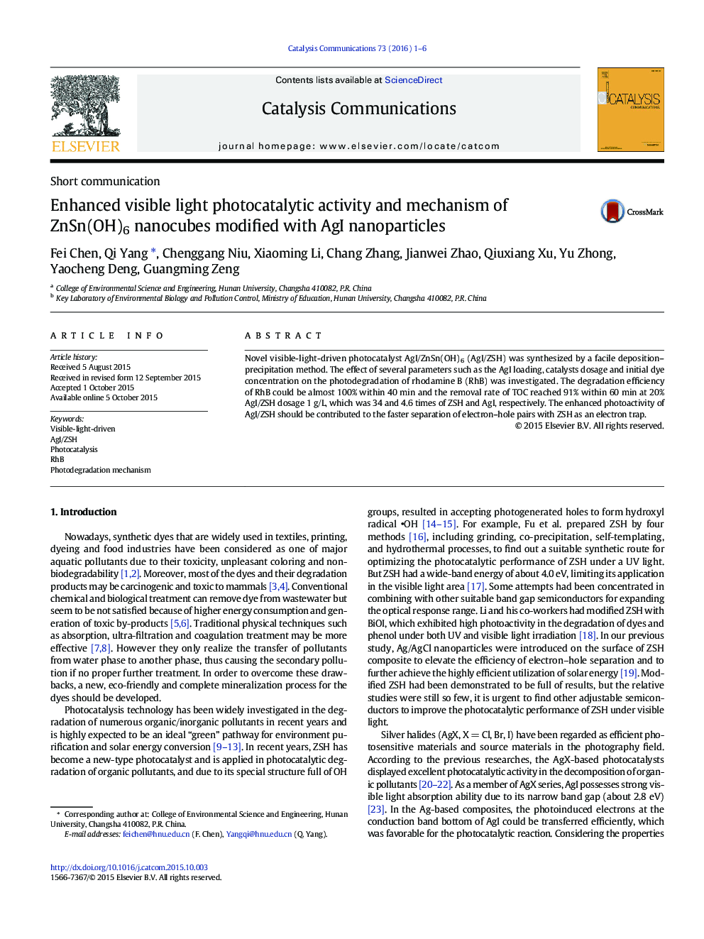 Enhanced visible light photocatalytic activity and mechanism of ZnSn(OH)6 nanocubes modified with AgI nanoparticles