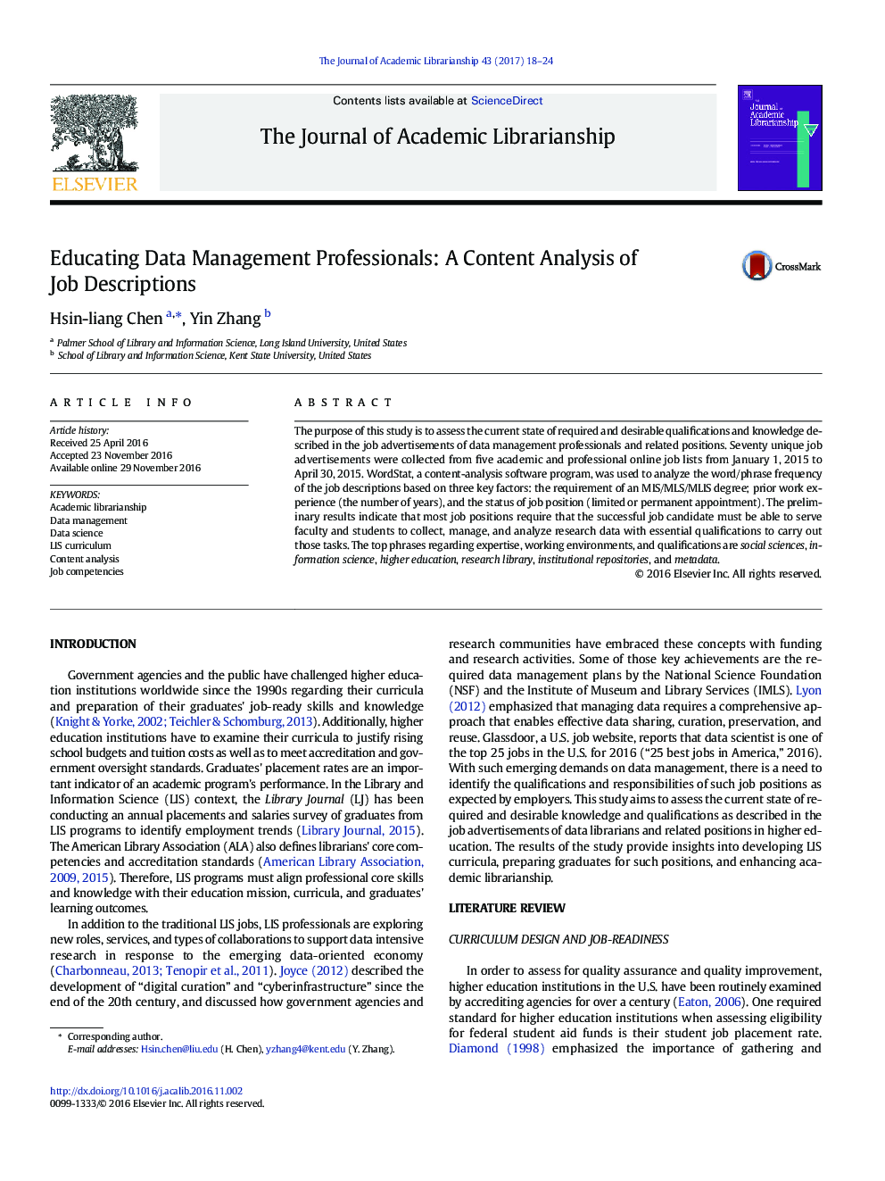 Educating Data Management Professionals: A Content Analysis of Job Descriptions