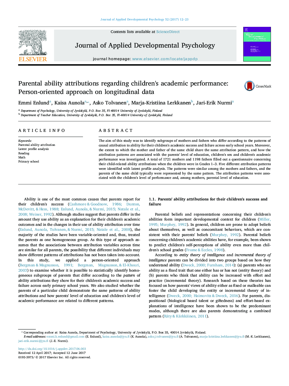 Parental ability attributions regarding children's academic performance: Person-oriented approach on longitudinal data