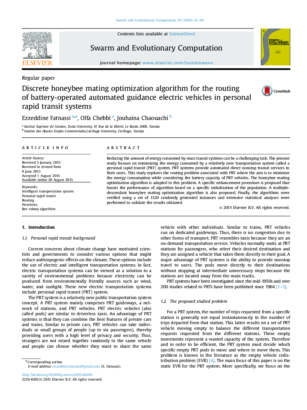 Discrete honeybee mating optimization algorithm for the routing of battery-operated automated guidance electric vehicles in personal rapid transit systems