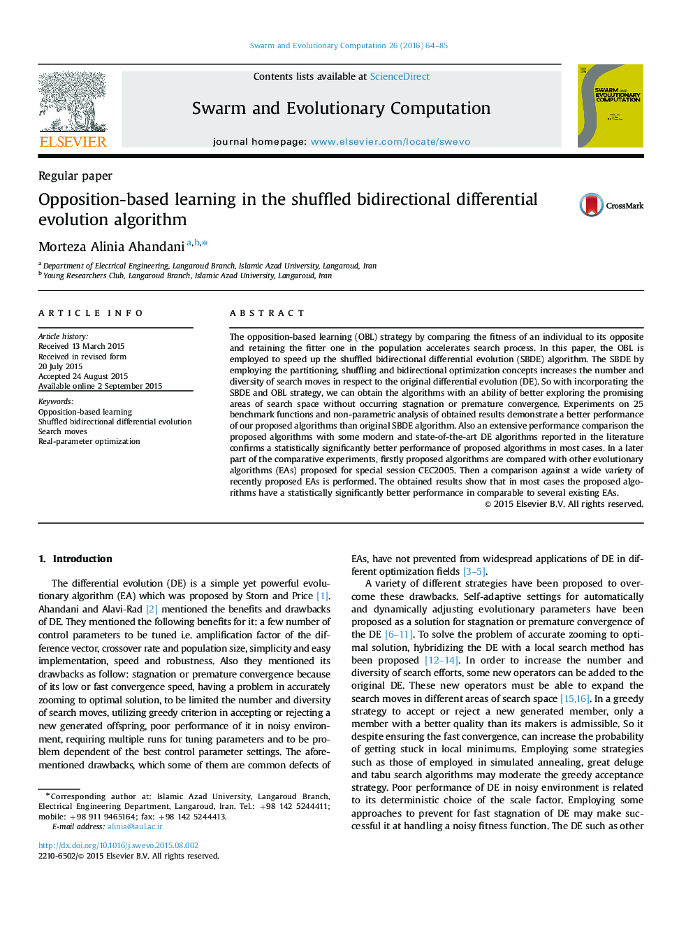 Opposition-based learning in the shuffled bidirectional differential evolution algorithm