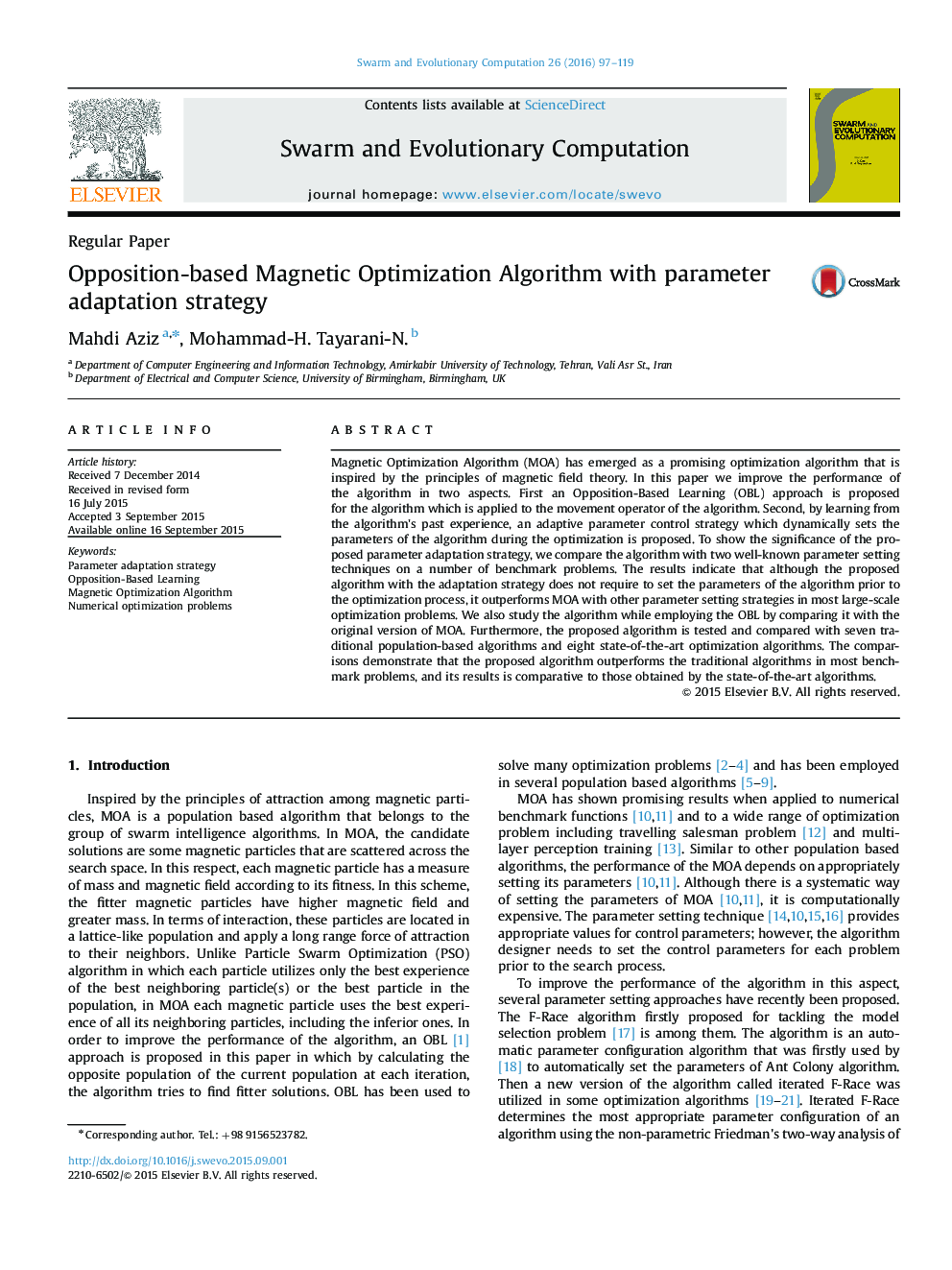 Opposition-based Magnetic Optimization Algorithm with parameter adaptation strategy