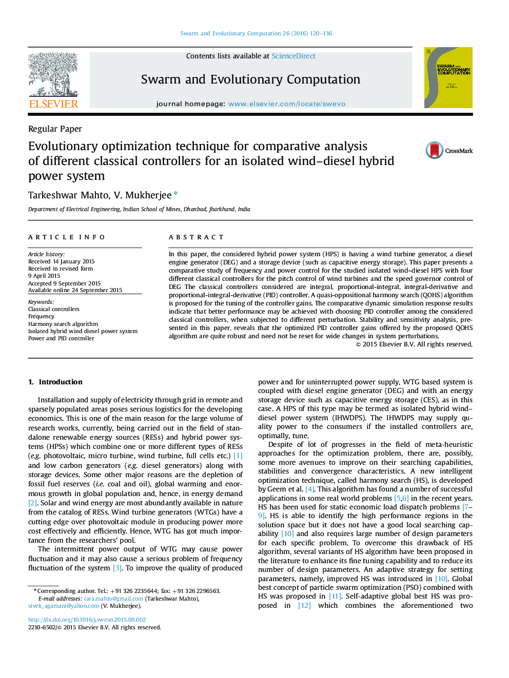 Evolutionary optimization technique for comparative analysis of different classical controllers for an isolated wind–diesel hybrid power system