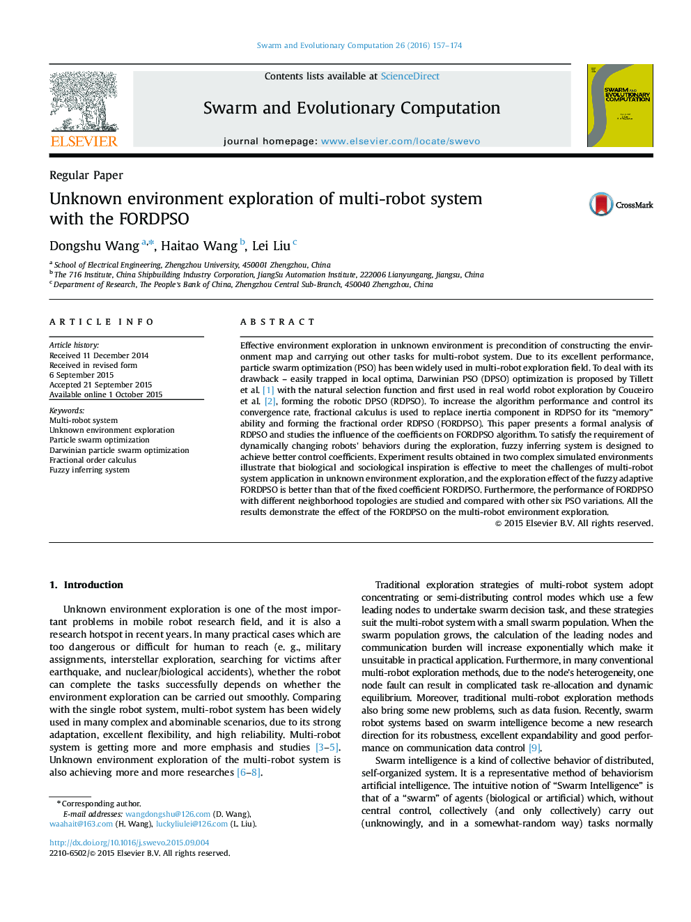 Unknown environment exploration of multi-robot system with the FORDPSO