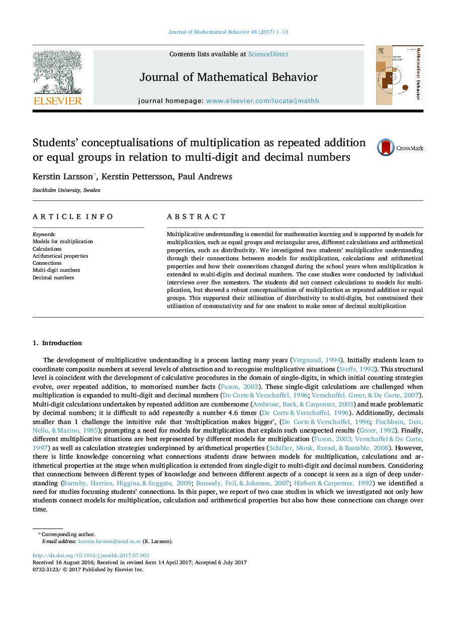 Students' conceptualisations of multiplication as repeated addition or equal groups in relation to multi-digit and decimal numbers