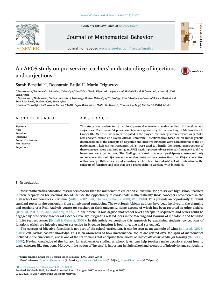 An APOS study on pre-service teachers' understanding of injections and surjections