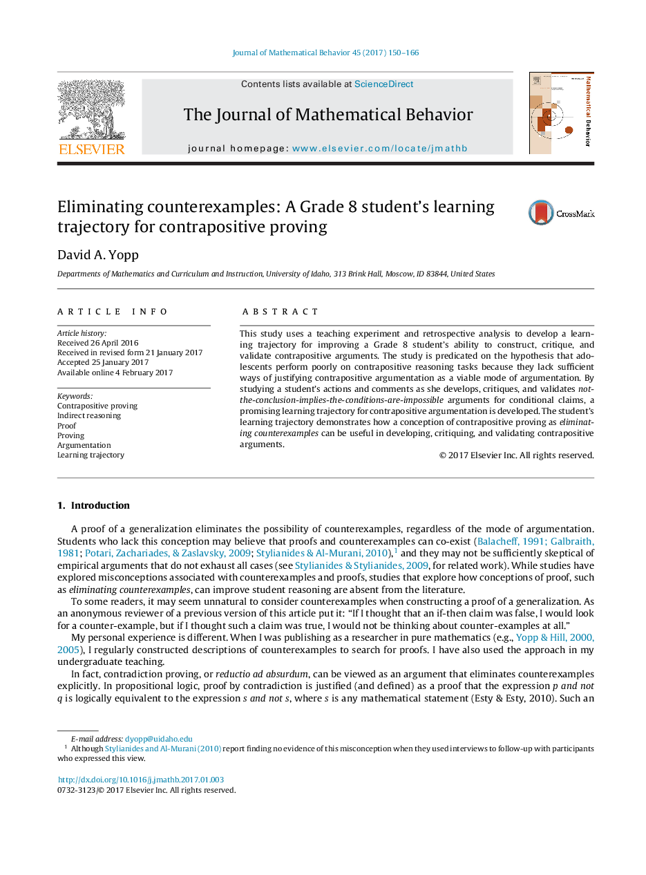 Eliminating counterexamples: A Grade 8 student's learning trajectory for contrapositive proving