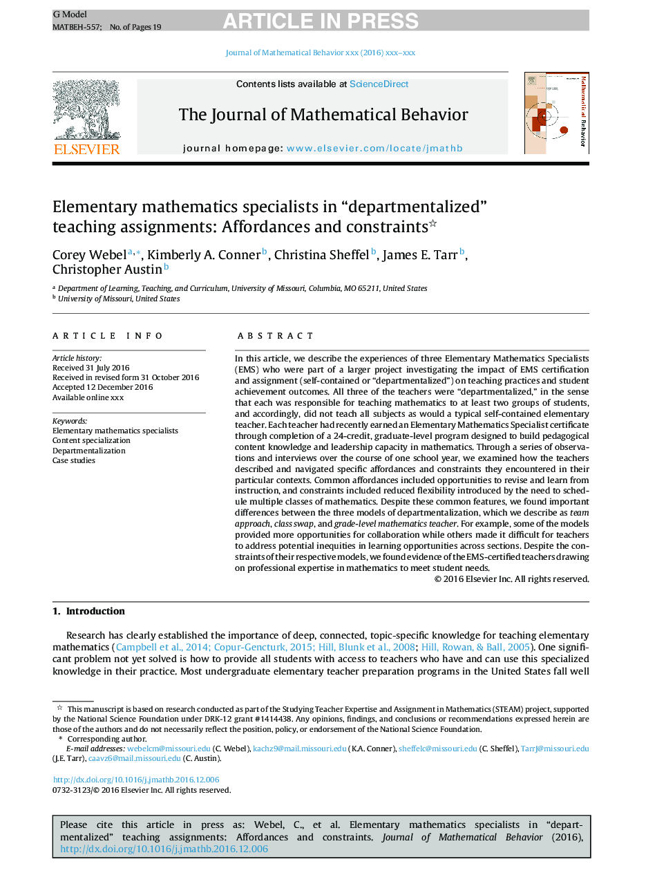 Elementary mathematics specialists in “departmentalized” teaching assignments: Affordances and constraints