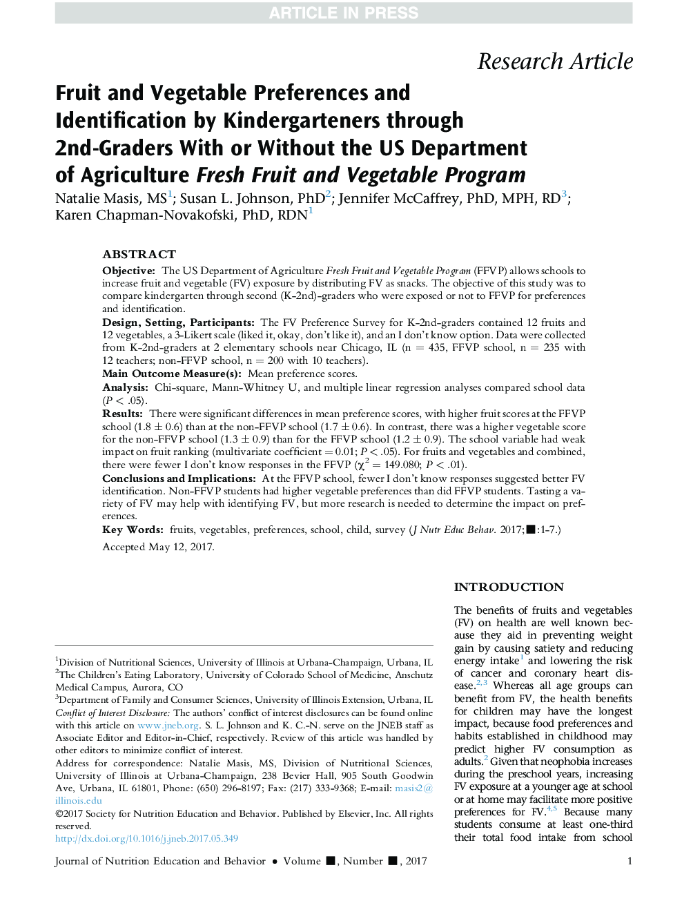 Fruit and Vegetable Preferences and Identification by Kindergarteners through 2nd-Graders With or Without the US Department of Agriculture Fresh Fruit and Vegetable Program