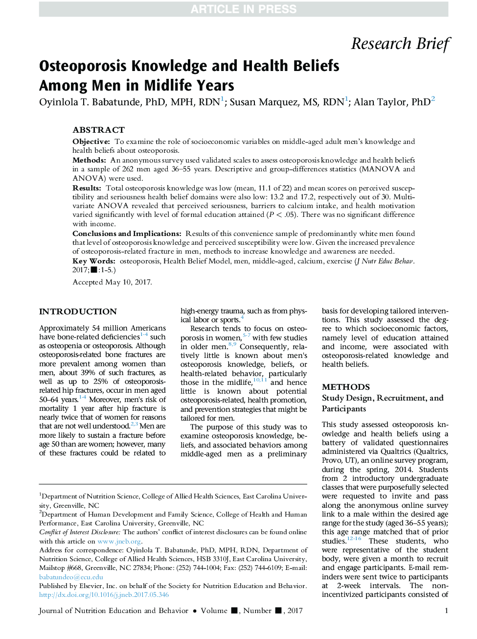Osteoporosis Knowledge and Health Beliefs Among Men in Midlife Years