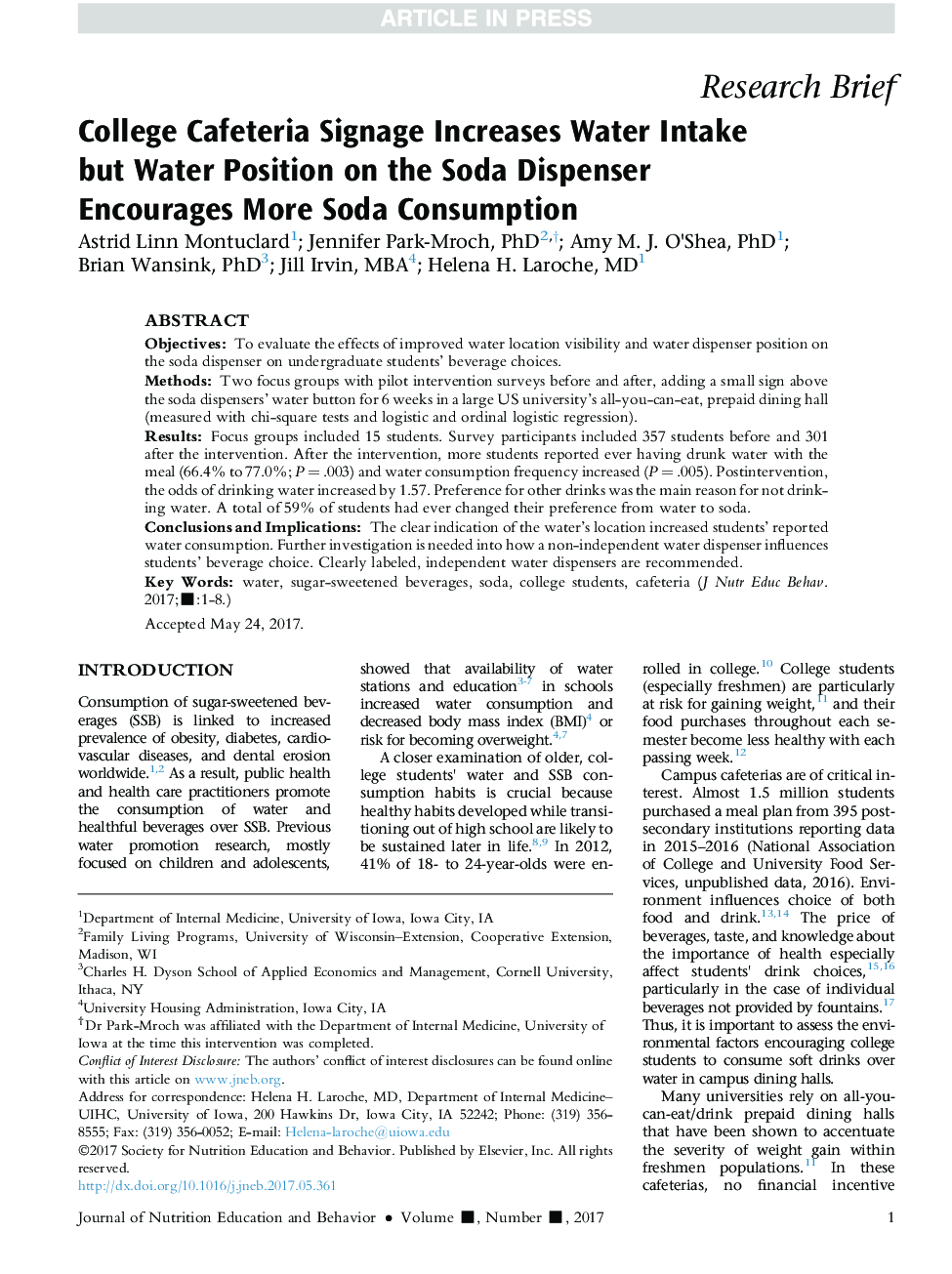 College Cafeteria Signage Increases Water Intake but Water Position on the Soda Dispenser Encourages More Soda Consumption