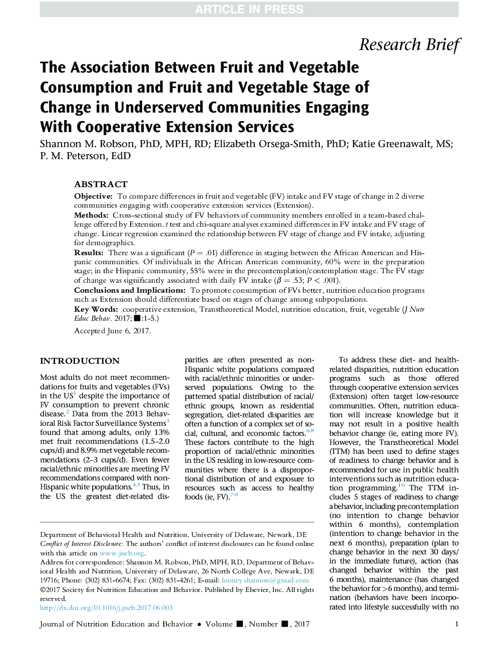 The Association Between Fruit and Vegetable Consumption and Fruit and Vegetable Stage of Change in Underserved Communities Engaging With Cooperative Extension Services