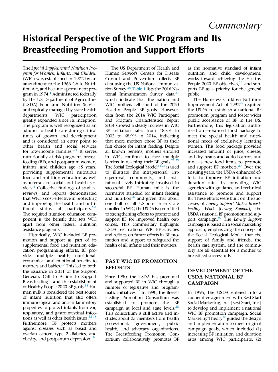 Historical Perspective of the WIC Program and Its Breastfeeding Promotion and Support Efforts