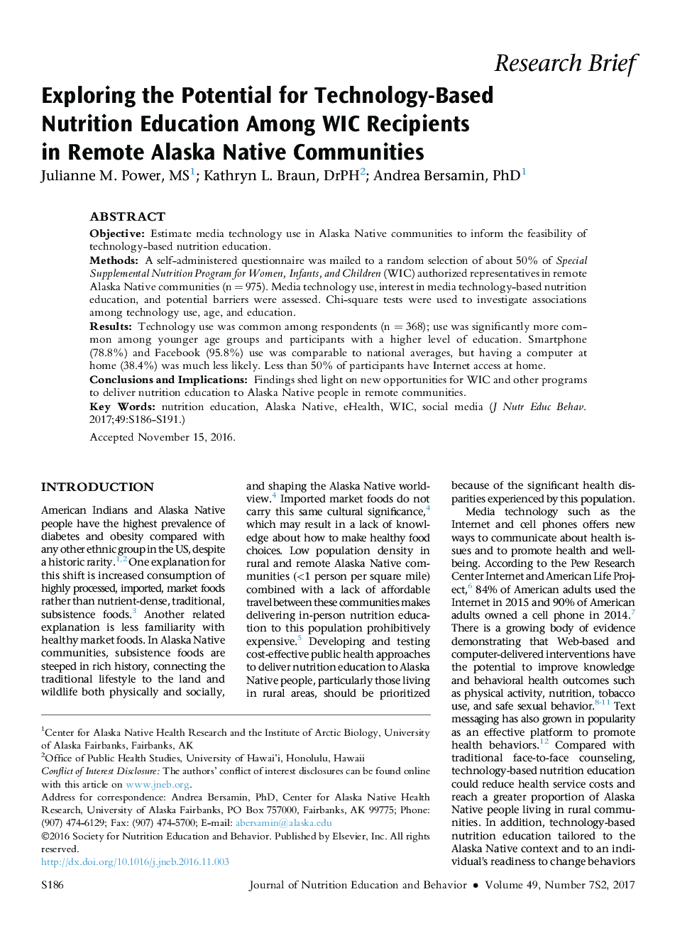 Exploring the Potential for Technology-Based Nutrition Education Among WIC Recipients inÂ Remote Alaska Native Communities