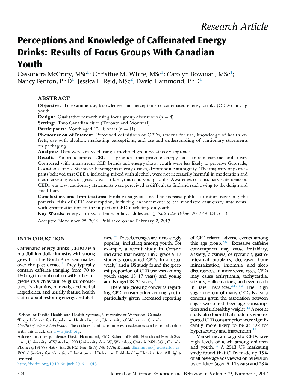 Perceptions and Knowledge of Caffeinated Energy Drinks: Results of Focus Groups With Canadian Youth